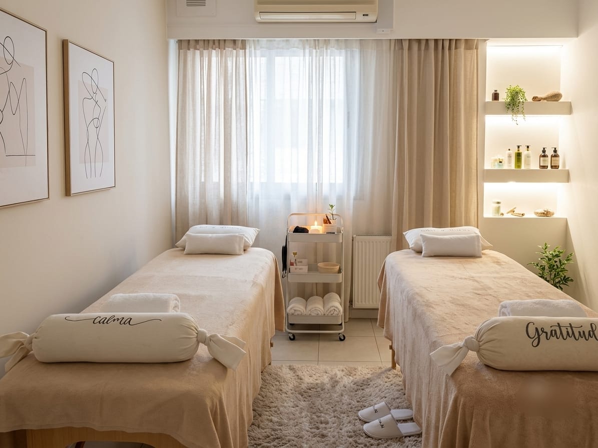 Sala de masajes con dos camillas, luz cálida y detalles de calma