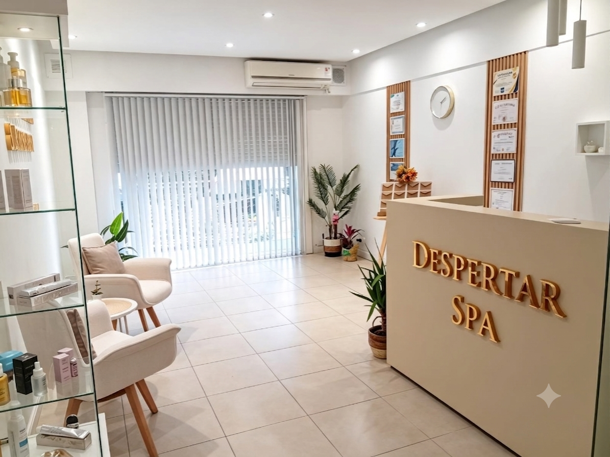 Recepción de Despertar Spa con logo dorado, plantas y sala de espera