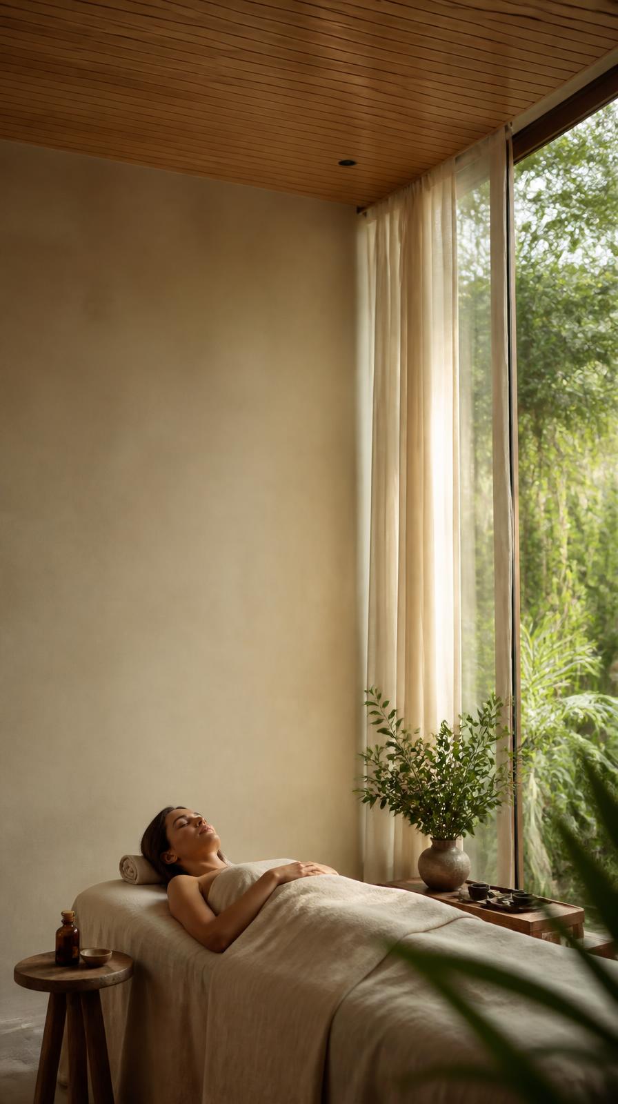 Sala de tratamientos de Despertar Spa abierta a la vegetación con luz natural